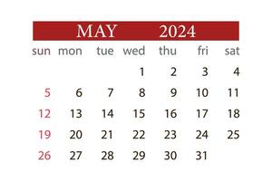mai 2024 calendrier mensuel planificateur début dimanche modèle vecteur. vecteur