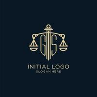 initiale gs logo avec bouclier et Balance de justice, luxe et moderne loi raffermir logo conception vecteur