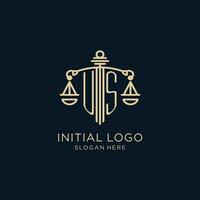 initiale nous logo avec bouclier et Balance de justice, luxe et moderne loi raffermir logo conception vecteur