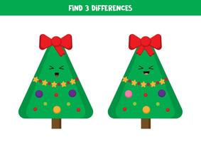 trouver 3 différences entre deux mignonne dessin animé Noël des arbres. vecteur