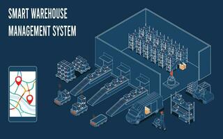 intelligent entrepôt la gestion système avec entrepôt simulation, logistique la flexibilité, robotique processus automatisation et précis inventaire compte. vecteur illustration eps10