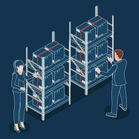 Masculin et femelle entrepôt ouvrier en utilisant bar code scanner à analyser nouvellement arrivée marchandises. vecteur illustration eps10