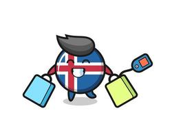 dessin animé de mascotte de drapeau de l'islande tenant un sac à provisions vecteur