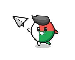 personnage de dessin animé d'insigne de drapeau de madagascar jetant un avion en papier vecteur