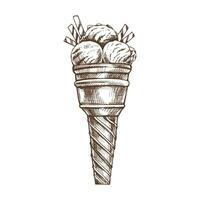 une dessiné à la main esquisser de une gaufre tasse avec congelé yaourt ou doux la glace crème avec gaufre tubes. ancien illustration. élément pour le conception de Étiquettes, emballage et cartes postales. vecteur