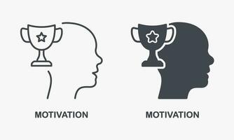 motivation dans sport silhouette et ligne icône ensemble. Humain tête et trophée tasse, Succès réussite pictogramme. motivation à développement, motivant symbole collection. isolé vecteur illustration.