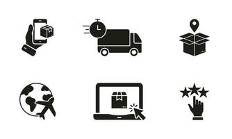 la logistique et livraison silhouette icône ensemble. en ligne achat, livraison un service glyphe pictogramme. expédition un camion solide signe. global air transport symbole collection. isolé vecteur illustration.