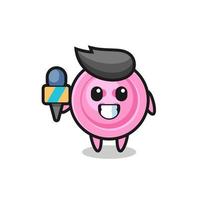 mascotte de personnage de bouton de vêtements en tant que journaliste vecteur