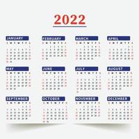 Modèle de calendrier vectoriel d'une page 2022