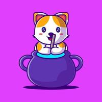 chat mignon avec illustration de dessin animé de chaudron. concept de style cartoon plat halloween vecteur