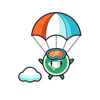 coche mascotte dessin animé saute en parachute avec un geste heureux vecteur