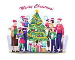 grande famille et arbre de noël avec des cadeaux célèbrent les joyeuses fêtes de noël et la bonne année. illustration vectorielle plane vecteur