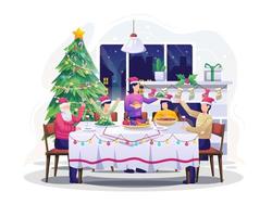 la famille célèbre le nouvel an joyeux noël, les gens sont assis à table et dînent dans une maison confortable avec une cheminée et un arbre de noël. illustration vectorielle plane vecteur