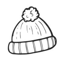 griffonnage l'automne tricoté chapeau avec pompon, main tiré chaud vêtements pour hiver du froid temps, saisonnier accessoires. croquis, à main levée minimaliste conception, enfant dessin. isolé. vecteur