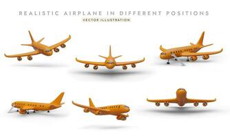 ensemble de réaliste images de avion dans différent positions. Orange 3d avion de au-dessus de, côté, au dessous de vecteur