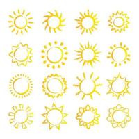 collection de soleil de dessin animé. ensemble d'icônes de soleil jaune isolé sur blanc. pictogramme de soleil, symbole d'été pour la conception de sites Web, bouton Web, application mobile. vecteur