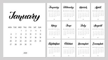 planificateur de calendrier vectoriel pour l'année 2020 avec lettrage et griffonnages dessinés à la main. ensemble de 12 mois. la semaine commence le lundi. conception de papeterie.