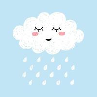 nuage kawaii mignon dessin animé heureux sur fond bleu avec des gouttes de pluie. illustration vectorielle de rêve nuage vecteur