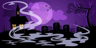 le paysage nocturne du cimetière pour halloween en violet. arbre terrible avec potence, maison noueuse, tombes avec croix, nuages avec la lune. illustration vectorielle d'un paysage effrayant vecteur