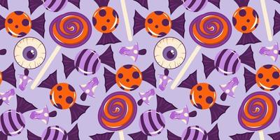 modèle sans couture avec bonbons, globe oculaire et sucettes pour halloween. bonbons violet-orange, une sucette ronde sur un bâton. illustration vectorielle. vecteur