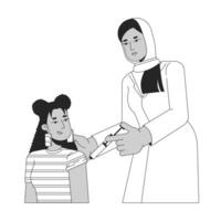 latina étudiant vaccination femelle médecin noir et blanc 2d ligne dessin animé personnages. musulman hijab médical procédure injecter isolé vecteur contour personnes. vaccin monochromatique plat place illustration