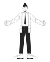 caucasien adulte employé permanent avec ouvert bras noir et blanc 2d ligne dessin animé personnage. costume homme Bienvenue geste isolé vecteur contour personne. bras large monochromatique plat place illustration