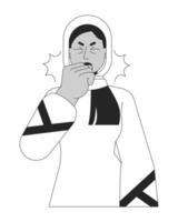 musulman hijab femme asthme attaque noir et blanc 2d ligne dessin animé personnage. chronique sec tousser femelle milieu est isolé vecteur contour personne. respiration sifflante monochromatique plat place illustration