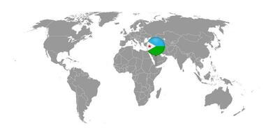 épinglez la carte avec le drapeau de djibouti sur la carte du monde. illustration vectorielle. vecteur