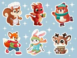 ensemble de mignonne animal personnages pour Nouveau années aventures. autocollants dans dessin animé style, mode de vie, hiver amusant, des sports. Renard, écureuil, dragon, lièvre, cerf, ours. ski, la glace patinage, boules de neige, cacao, cadeau vecteur