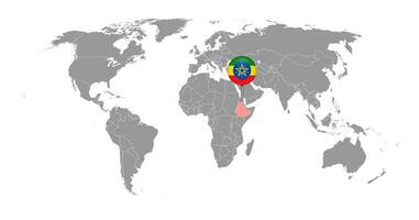 épinglez la carte avec le drapeau éthiopien sur la carte du monde. illustration vectorielle. vecteur