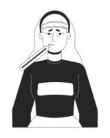 malade femme avec thermomètre dans bouche noir et blanc 2d ligne dessin animé personnage. blond européen femelle isolé vecteur contour personne. souffrir infectieux maladie monochromatique plat place illustration