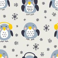 pingouins d'hiver dessinés à la main avec motif sans couture de flocons de neige vecteur