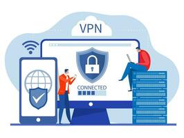 vpn La technologie un service concept, homme d'affaires utilisation navigateur Débloquer sur site Internet sur mobile virtuel privé réseau. sécurise réseau lien et intimité protection vecteur illustration