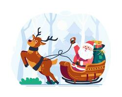 Père Noël claus équitation une traîneau tiré par une renne, porter une sac plein de cadeaux. joyeux Noël concept illustration vecteur