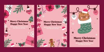 joyeux Noël et content Nouveau année, salutation cartes, affiches, vacances couvertures. coloré moderne Noël conception, vert, rouge, Jaune et blanche. Noël arbre, des balles, épicéa branches, cadeau éléments. vecteur