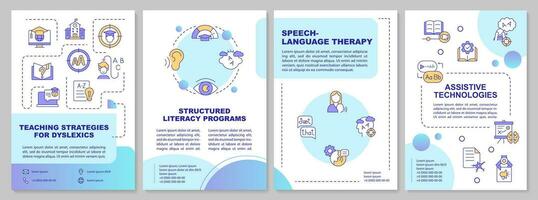 2d multicolore enseignement stratégies pour dyslexiques brochure modèle, brochure conception avec mince linéaire Icônes, 4 vecteur mises en page.