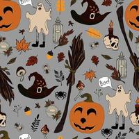 vecteur transparente motif halloween eps. doodle potion et symboles wiccans, citrouille et crâne, champignons et feuilles d'automne