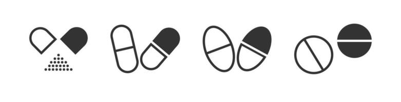 pilules icône ensemble. comprimés symbole. signe vitamine vecteur plat.