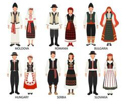 une ensemble de des couples dans populaire costumes de européen des pays. Moldavie, Roumanie, Bulgarie, Serbie, Hongrie, slovaquie. culture et traditions. illustration, vecteur