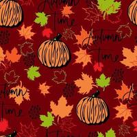 feuilles d'automne de modèle sans couture de vecteur et citrouille avec fond de temps d'automne de lettrage. clipart automne peint à la main, isolé. citrouille d'halloween. pour les invitations, cartes de voeux, impression, bannières