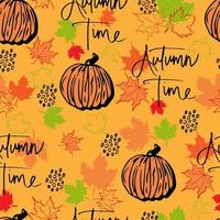 feuilles d'automne de modèle sans couture de vecteur et citrouille avec fond de temps d'automne de lettrage. clipart automne peint à la main, isolé. citrouille d'halloween. pour les invitations, cartes de voeux, impression, bannières