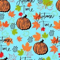 feuilles d'automne de modèle sans couture de vecteur et citrouille avec fond de temps d'automne de lettrage. clipart automne peint à la main, isolé. citrouille d'halloween. pour les invitations, cartes de voeux, impression, bannières