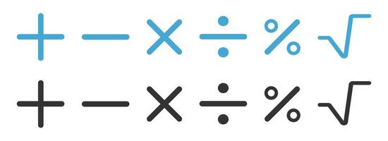 mathématique icône. multiplication soustraction division plus pour cent et racine, plus moins diviser multiplier pour cent racine symbole. signe calculatrice vecteur. vecteur