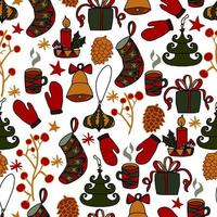 Noël et nouvel an doodles vecteur modèle sans couture. fond d'hiver pour l'emballage, les félicitations et les invitations