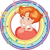 Cupidon dans un cadre rond arc-en-ciel avec symbole de mélodie vecteur