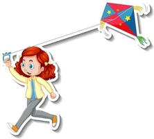 autocollant une fille jouant le personnage de dessin animé de cerf-volant vecteur