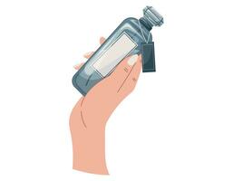 élégant femelle mains avec manucure en portant une verre bleu bouteille de parfum. vecteur isolé mode illustration, parfumé eau de parfum.