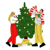 une brillant couple donne chaque autre cadeaux sur le Contexte de une Noël arbre. vecteur gars et fille, vecteur plat illustration déballage cadeaux. donner cadeaux. une surprise cadeau boîte. Noël, Nouveau année