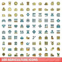 100 agriculture Icônes ensemble, Couleur ligne style vecteur