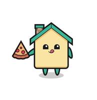 dessin animé mignon de maison mangeant de la pizza vecteur